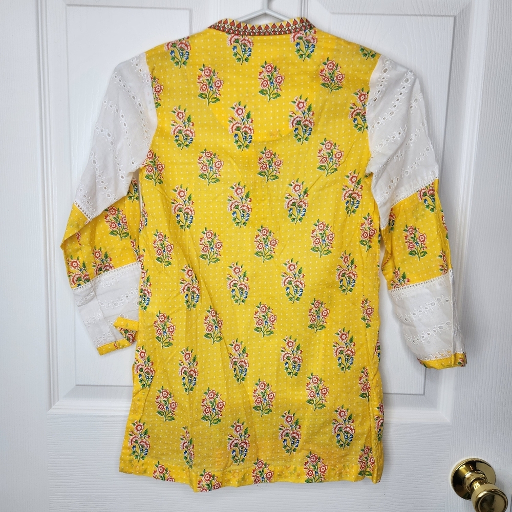Leisure Club Prints Yellow Floral White Eyelet Tunic Dress Size 6-7 - Picture 5 of 7